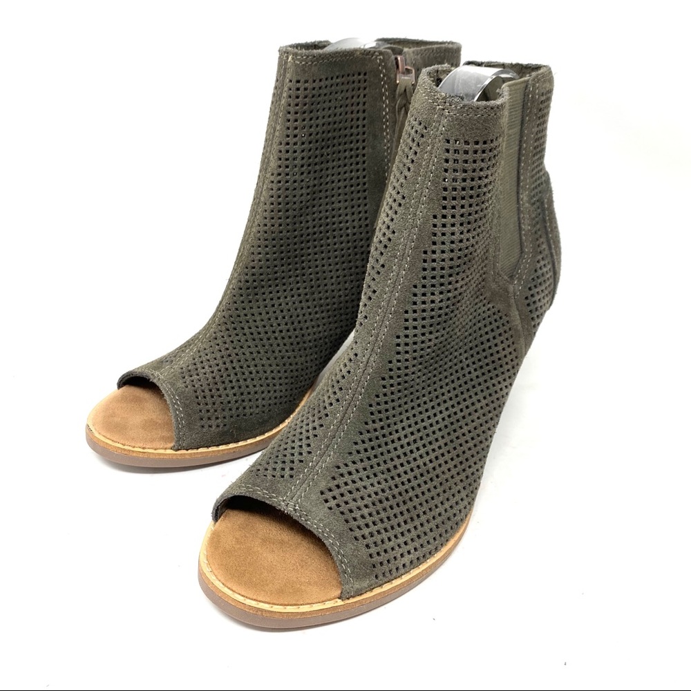 Toms Majorca Green Suede Perforated Peep Toe Boots